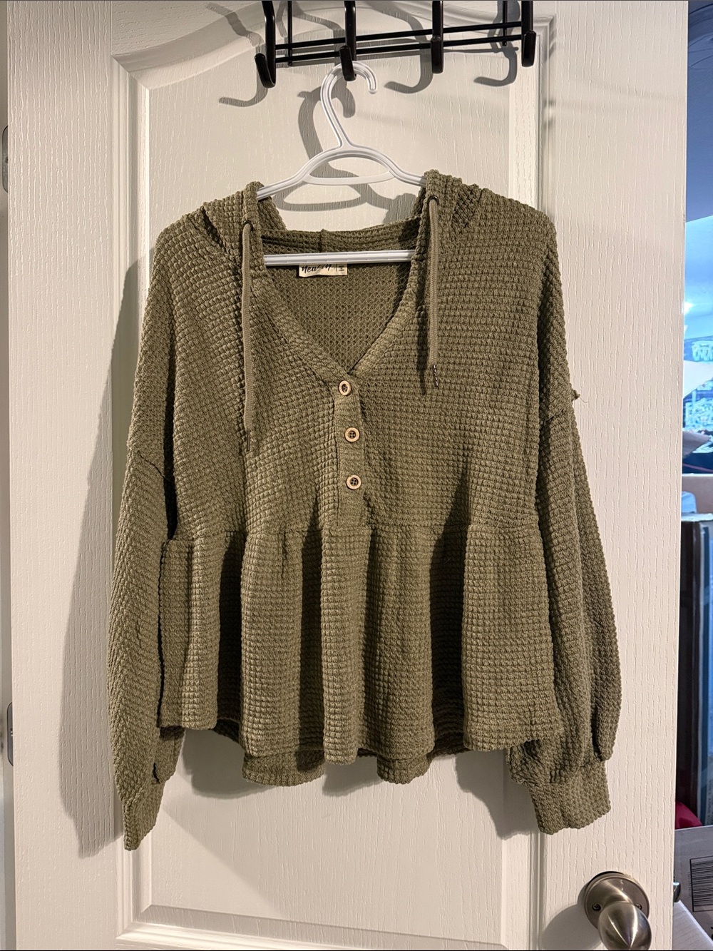 Waffle Knit Hooded Peplum Top - Olive Green